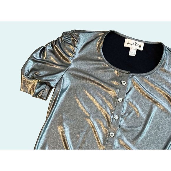 Vintage JOSEPH RIBKOFF Metallic Silver Puff Sleeve 90s 00s Y2K Top Shirt Size Sm - Picture 4 of 8